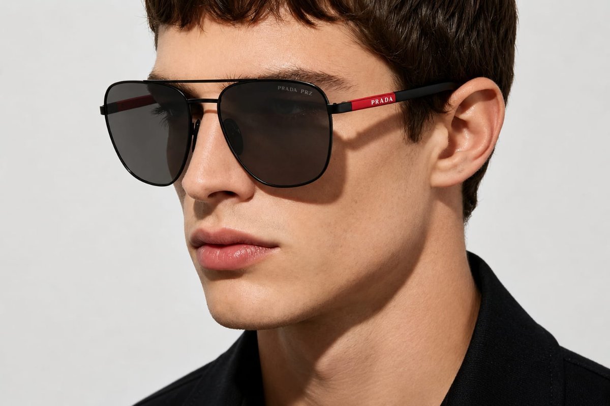 Óculos Solar PRADA LINEA ROSSA SPS 54Z 60-17 1BO-02G (Metal Preto Fosco com Hastes Emborrachadas em Preto e Vermelho/Lentes Polarizadas Cinza)