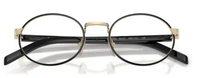 Óculos Receituário PRADA VPR B55 52-21 AAV-1O1 (Metal Frontal Preto e Detalhes em Dourado/Hastes em Acetato Preto e Detalhes em Dourado)