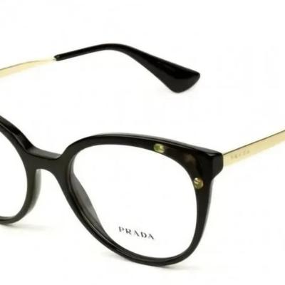 Óculos Receituário PRADA VPR 12U 53-18 1AB-1O1 (Acetato Preto Brilhante com Apliques Marrom Mesclado/Hastes Metal Dourado)