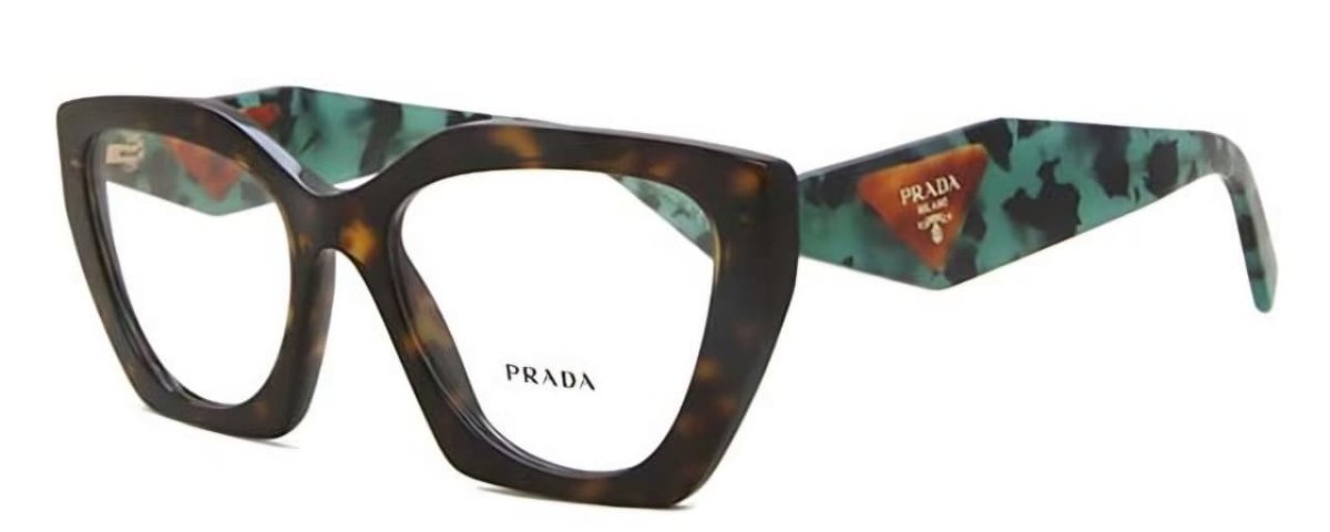 Óculos Receituário PRADA VPR 09Y 54-18 2AU-1O1 (Acetato Frontal Marrom Tartaruga/Hastes Verde Mescladas com Preto e Logo Prada Triangular em Marrom)
